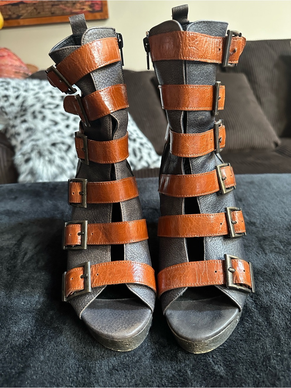 Jeffrey Campbell Brown and Black Strappy Buckle Gladiator Heels - Picture 7 of 7